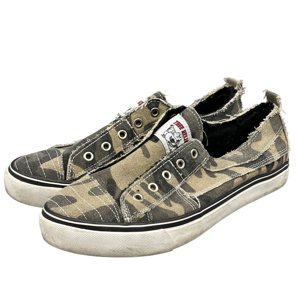 True Religion Canvas Slip On Camo‎ Sneakers Women 9 Camouflage Distressed Shoes
